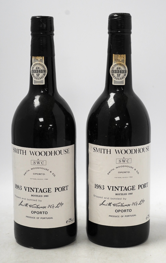 Two bottles of Smith Woodhouse 1983 vintage port. Condition - fair, storage history unknown